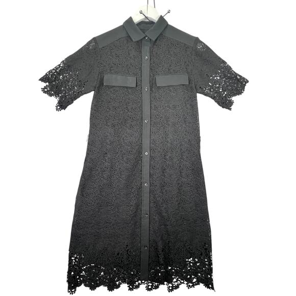 Banana Republic Heritage Belted Lace Shirt Dress Women Size 2 Black Crochet Hem - Picture 4 of 15